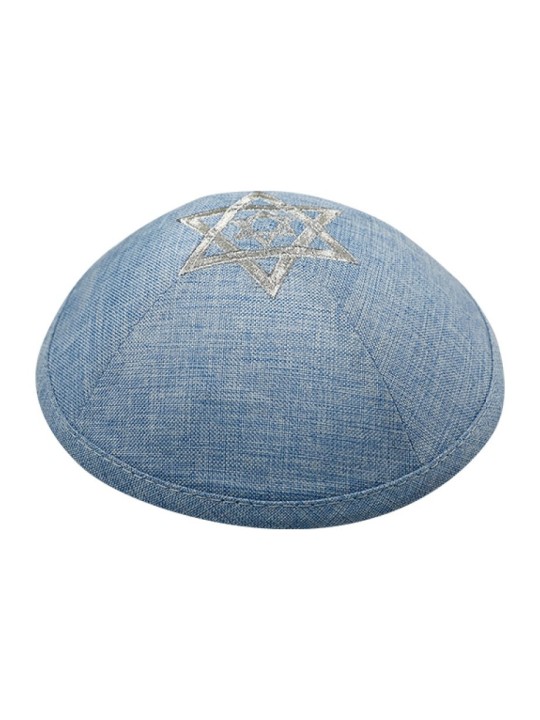כיפה ירמולה בד פשתן כחול עם כפול כסף... | כיפה פשתן
